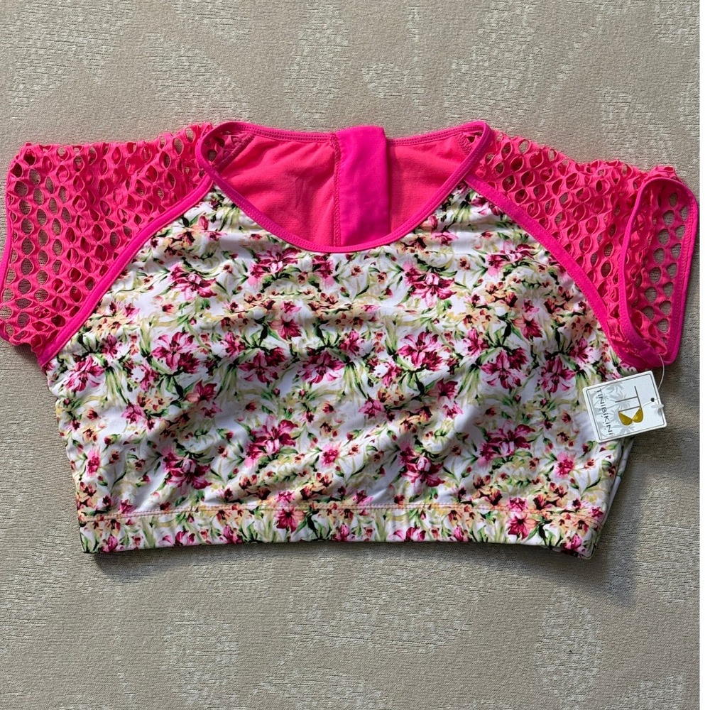 Tini Bikini Floral Print Swim Top Hot Pink‎ Mesh Sleeves XL